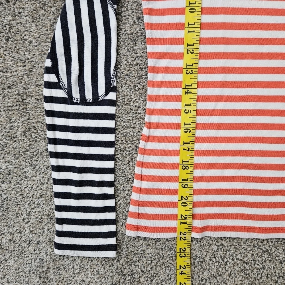 Tory Burch Multi Color Striped Long Sleeve Tee Shirt Peach White Navy Blue Small